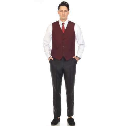 Burgundy vest features a structured, fitted shape with a deep V-neckline and six-button front closure. The fabric appears smooth and is visually unpatterned. It is paired with a white shirt and is styled with dark trousers.