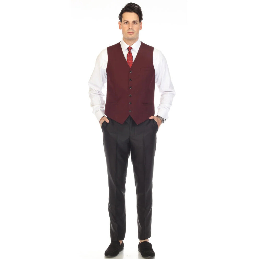 Burgundy vest features a structured, fitted shape with a deep V-neckline and six-button front closure. The fabric appears smooth and is visually unpatterned. It is paired with a white shirt and is styled with dark trousers.