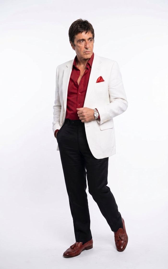 Tony Montana’s White Blazer Red Shirt Black Pants – Men’s White Blazer Outfit with Red Shirt and Black Trousers for Party, Wedding and Vintage Style Wear
