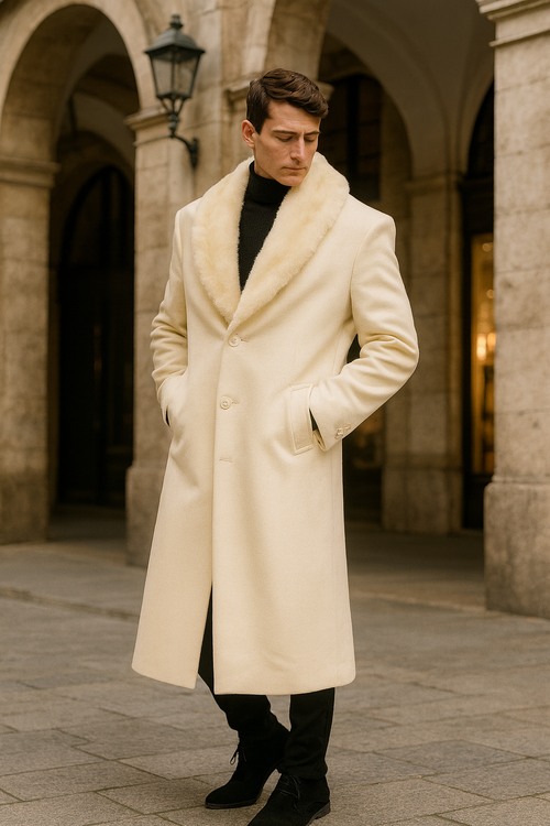 Ivory men's overcoat with faux fur shawl collar, straight silhouette, and smooth fabric. Double-breasted with buttons and side pockets. Luxurious and soft.
