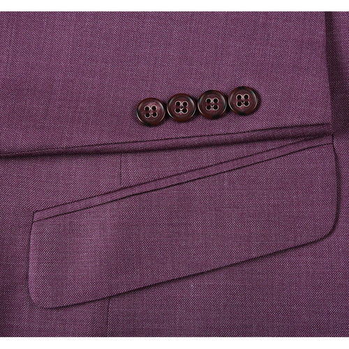 The mens two button slim fit two piece suit by Alberto Nardoni features a rich purple fabric with a subtle texture. The jacket includes a lower pocket and four dark buttons, arranged vertically, on the cuff. The overall design is streamlined, emphasizing a tailored silhouette.