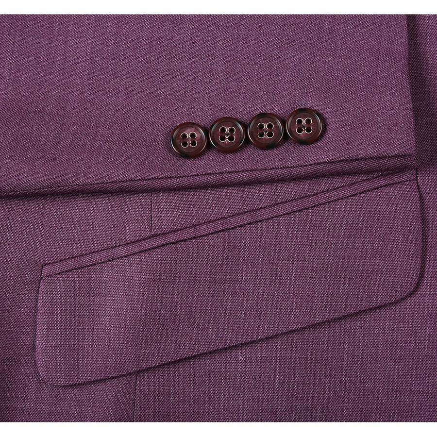 The mens two button slim fit two piece suit by Alberto Nardoni features a rich purple fabric with a subtle texture. The jacket includes a lower pocket and four dark buttons, arranged vertically, on the cuff. The overall design is streamlined, emphasizing a tailored silhouette.