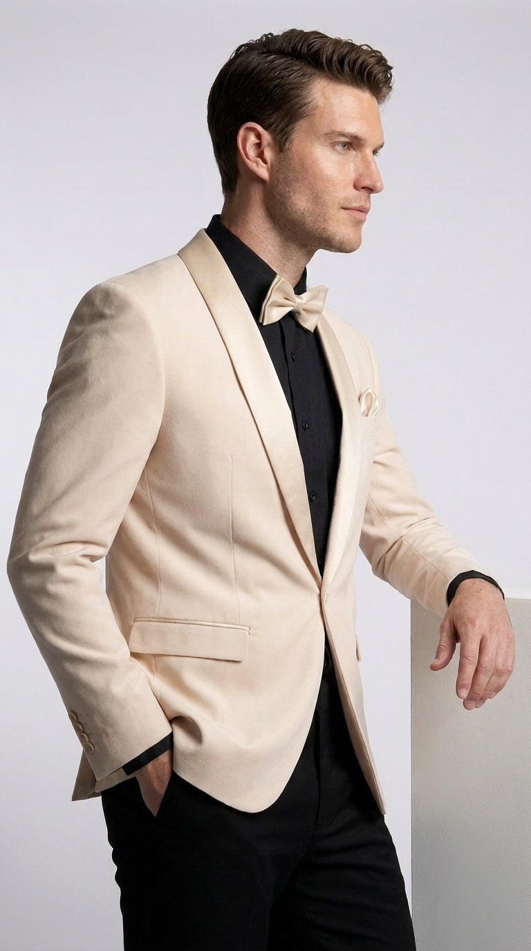 Men’s Champagne Tuxedo Dinner Jacket with Black Pants – Shawl Lapel Wedding, Prom and Formal Blazer