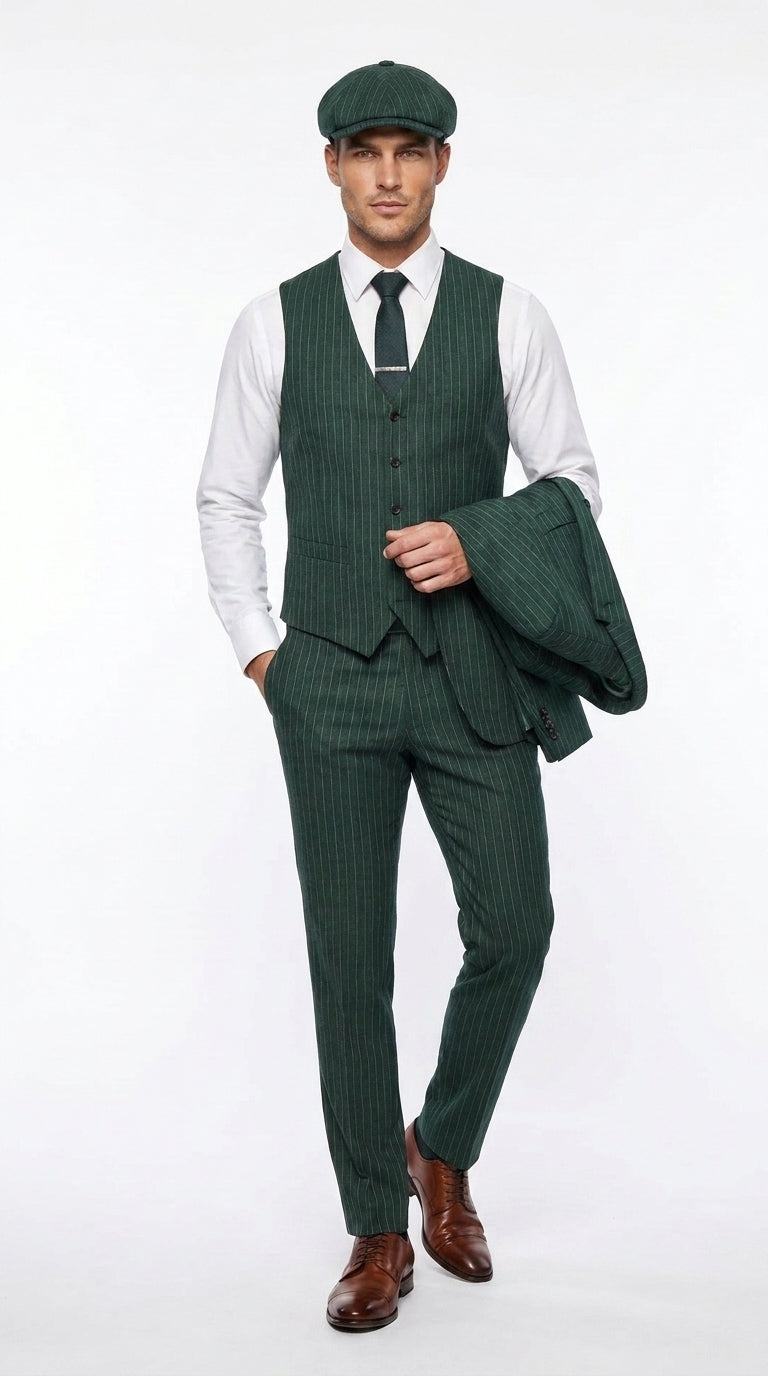 Men’s Hunter Green Pinstripe 3-Piece Suit – Vintage Wedding, Prom and Formal Suit with Matching Vest