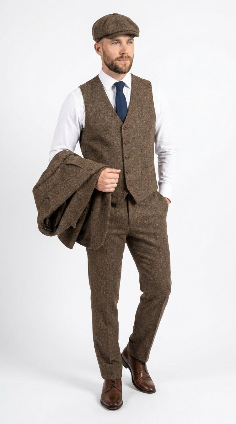Peaky Blinder Men’s Brown Tweed 3-Piece Suit – Vintage Wedding, Business and Formal Suit with Matching Vest and Pants