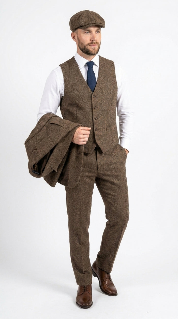 Peaky Blinder Men’s Brown Tweed 3-Piece Suit – Vintage Wedding, Business and Formal Suit with Matching Vest and Pants