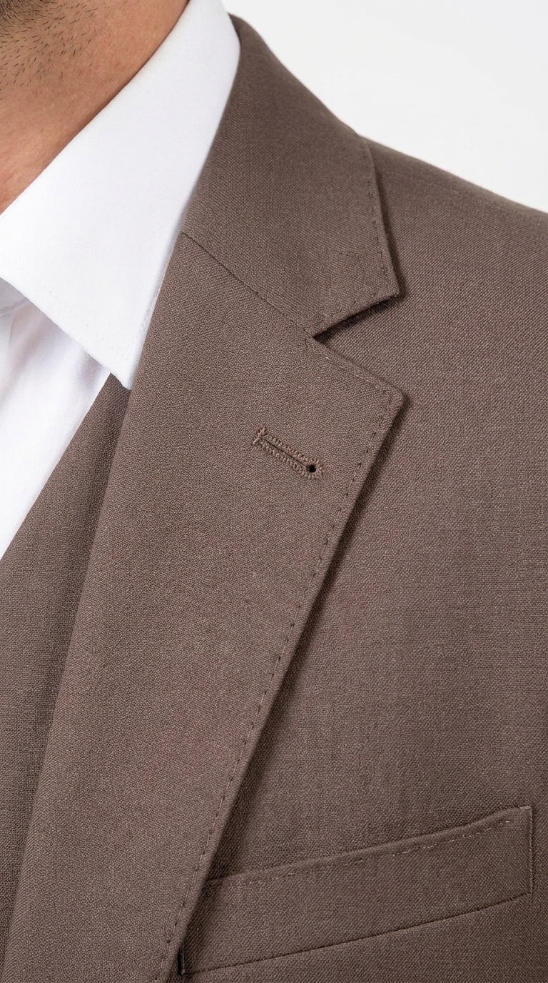 Men’s Zagarie Brand Light Brown Mocha 3-Piece Wool Suit – Modern Wedding, Business and Formal Suit with Pick Stitching