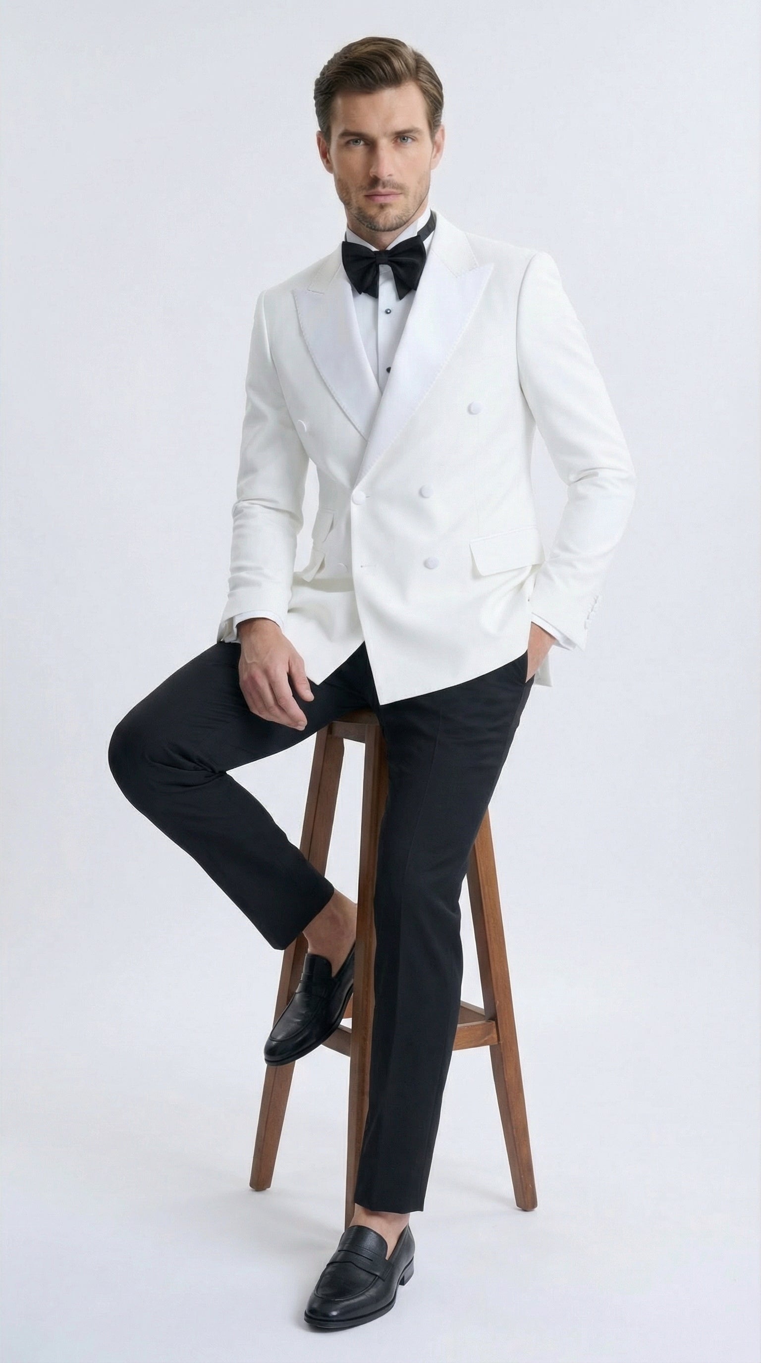 white dress pants with black blazer Black Blazer, White Dress Shirt, Off-White Dress Pants, Black Suede Loafers