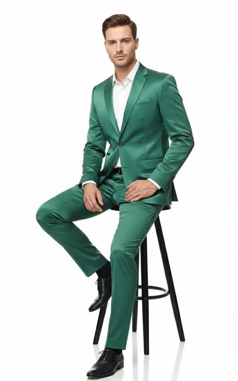 Emerald green sateen two-piece slim fit suit. Features single-button blazer with notched lapels & chest pocket, plus straight-leg pants. Smooth, reflective satin fabric.

