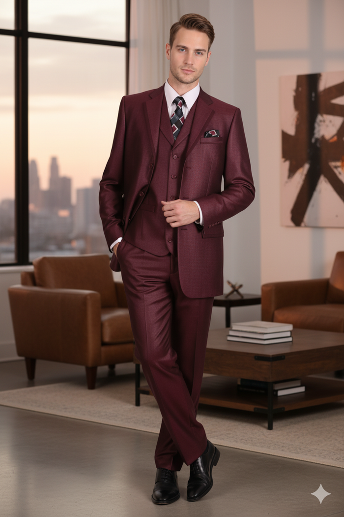 Men's burgundy 3-piece suit: single-breasted blazer, matching vest, tailored trousers. Smooth fabric with sheen. Features notch lapel, pocket square. Paired with white shirt, patterned tie, and black shoes.