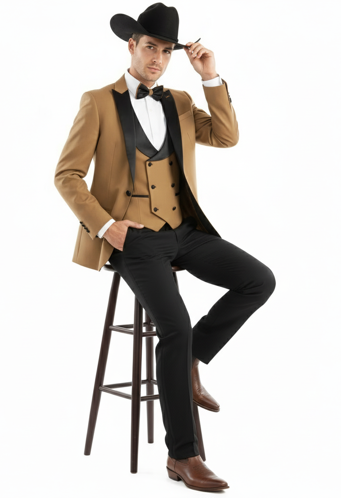 Tan western tuxedo: 3-piece suit with black satin lapel, mocca vest, and black trousers. Includes a bow tie for a classic cowboy look.