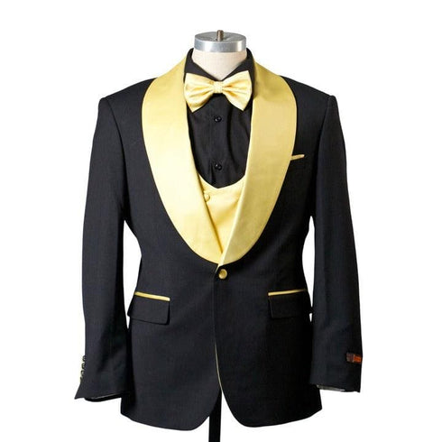 1 BUTTON SHAWL LAPEL TUXEDO WITH VEST - BLACK & GOLD - AlbertoNardoniStore