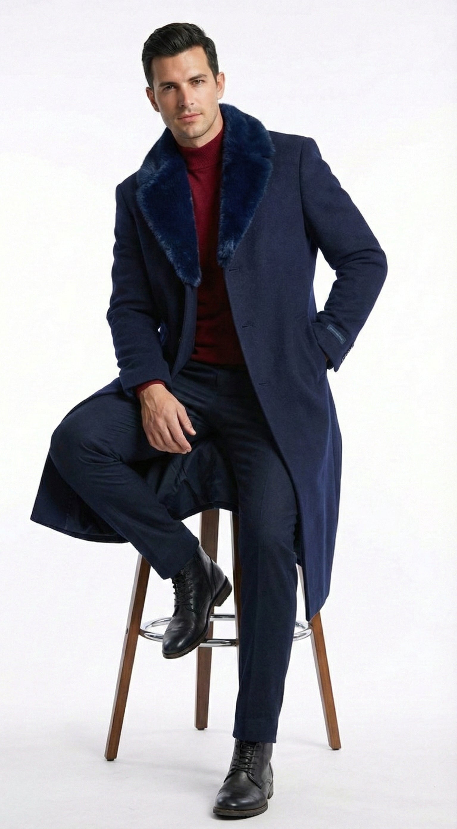 Menâ€™s Dark Navy Blue Long Overcoat with Faux Fur Collar, Classic Winter Dress Coat for Formal