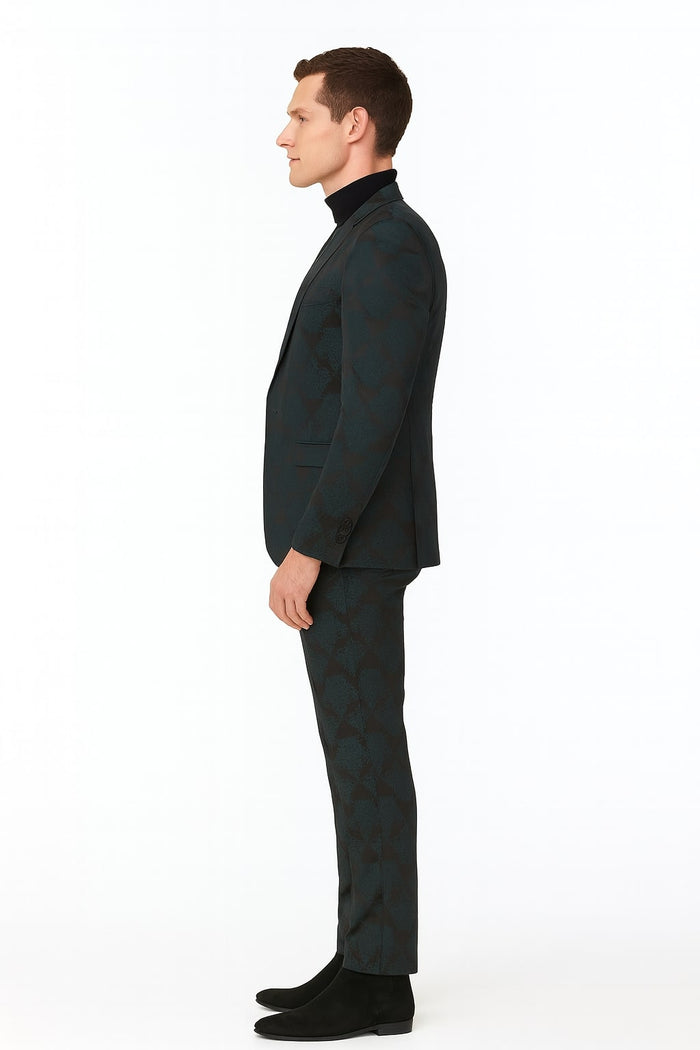 Emerald green floral jacquard tuxedo. 3-piece suit with tailored jacket & slim trousers. Dark & light green floral pattern on the fabric.