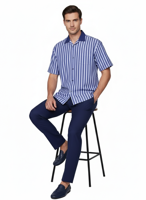Men's blue & white striped short sleeve shirt with navy collar & pocket, paired with navy trousers. Casual summer design.
