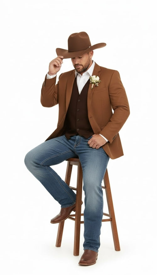 Men's rust copper western blazer. Tailored design, structured shoulders, single-button front. Smooth, slightly shiny fabric. Features flap pockets, notched lapel for a formal look.
