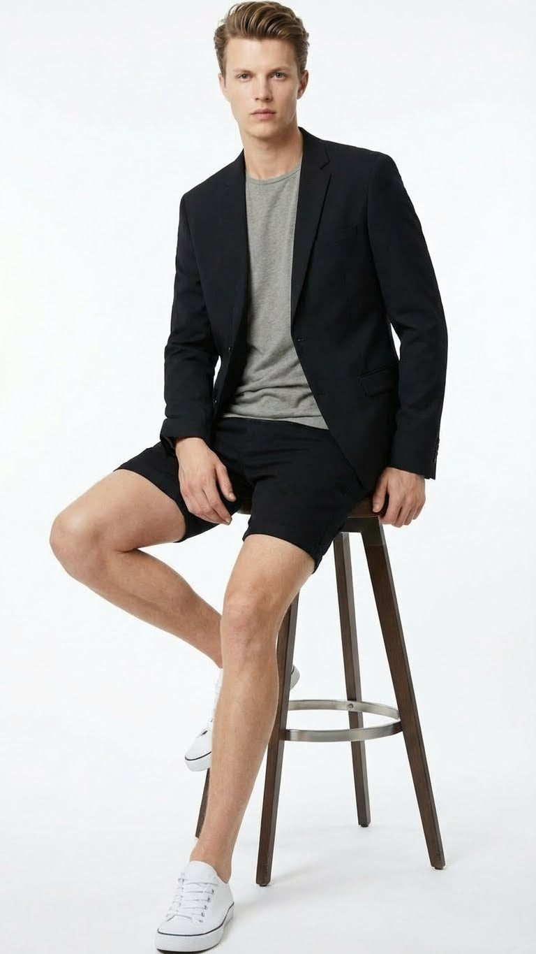 Men's black summer business suit featuring a fitted blazer and shorts, made of a smooth fabric. The blazer has a single-button closure and a tailored fit. The shorts are knee-length, matching the blazer in color and material. The outfit is paired with a gray t-shirt and white sneakers.