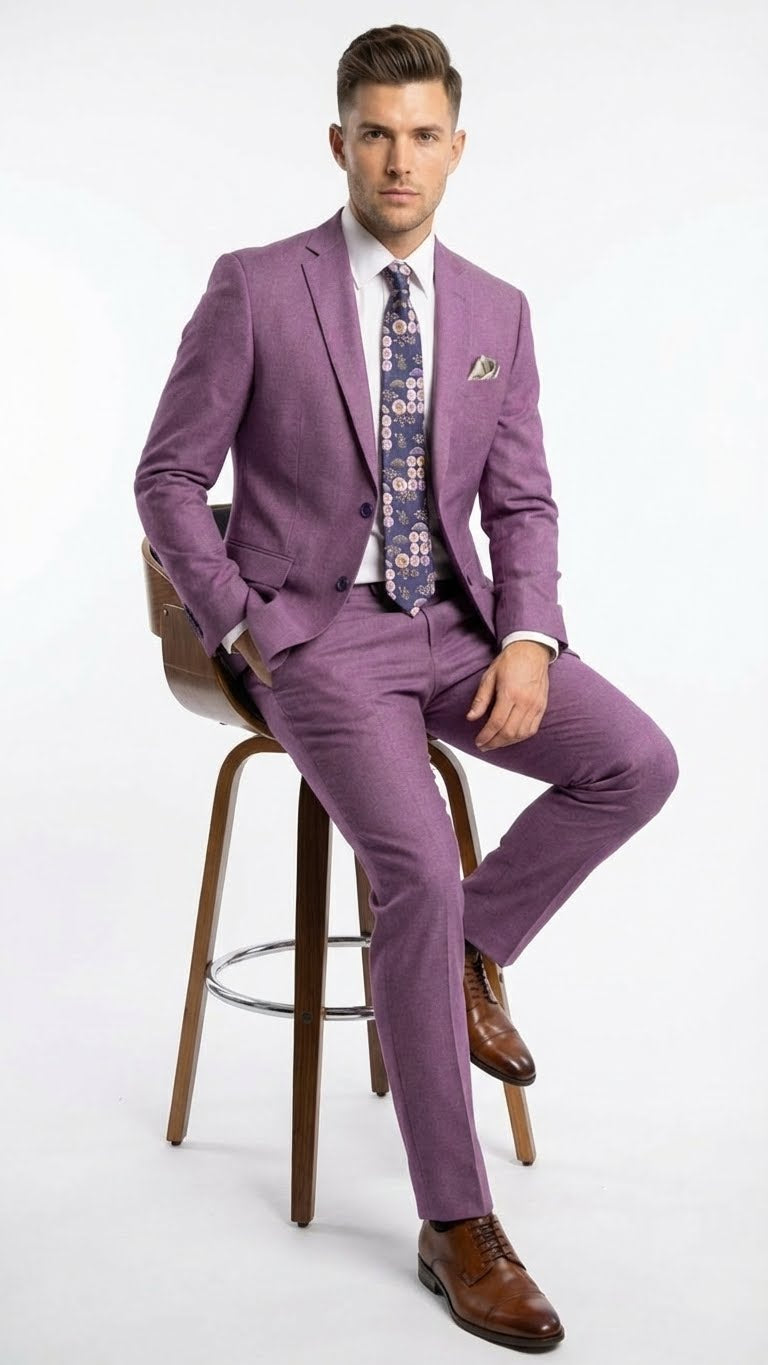 Light purple men's suit: textured blazer with tailored fit, two buttons, notched lapels, and pocket square. Includes matching light purple trousers.
