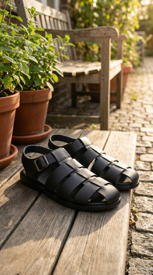 Mens Black Leather Sandals – Buckle Strap Casual Summer Shoes Breathable Open Toe Comfort Footwear