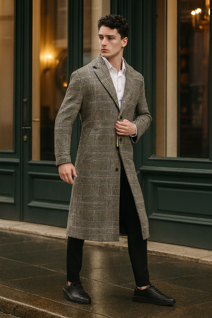 Men's gray plaid overcoat. Full-length, classic checkered wool blend. Structured silhouette with an open front and notched lapels.
