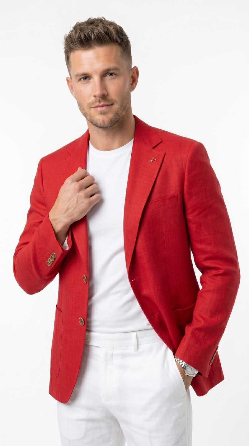 Men’s Red Linen Blazer, Lightweight Business Casual Wedding Sport Coat Jacket