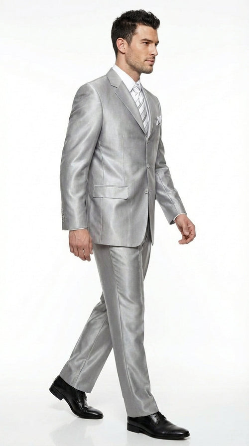 Men’s Silver Grey Sharkskin Suit – 3 Button Classic Fit Shiny Formal Suit for Wedding, Business and Party Wear