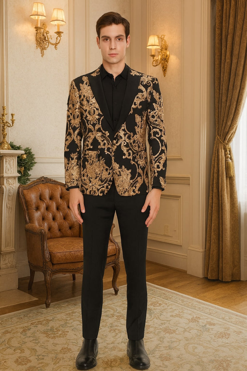 Black blazer with rose gold floral embroidery, shawl collar. Paired with tailored black pants. Structured fit, intricate gold floral design on black.
