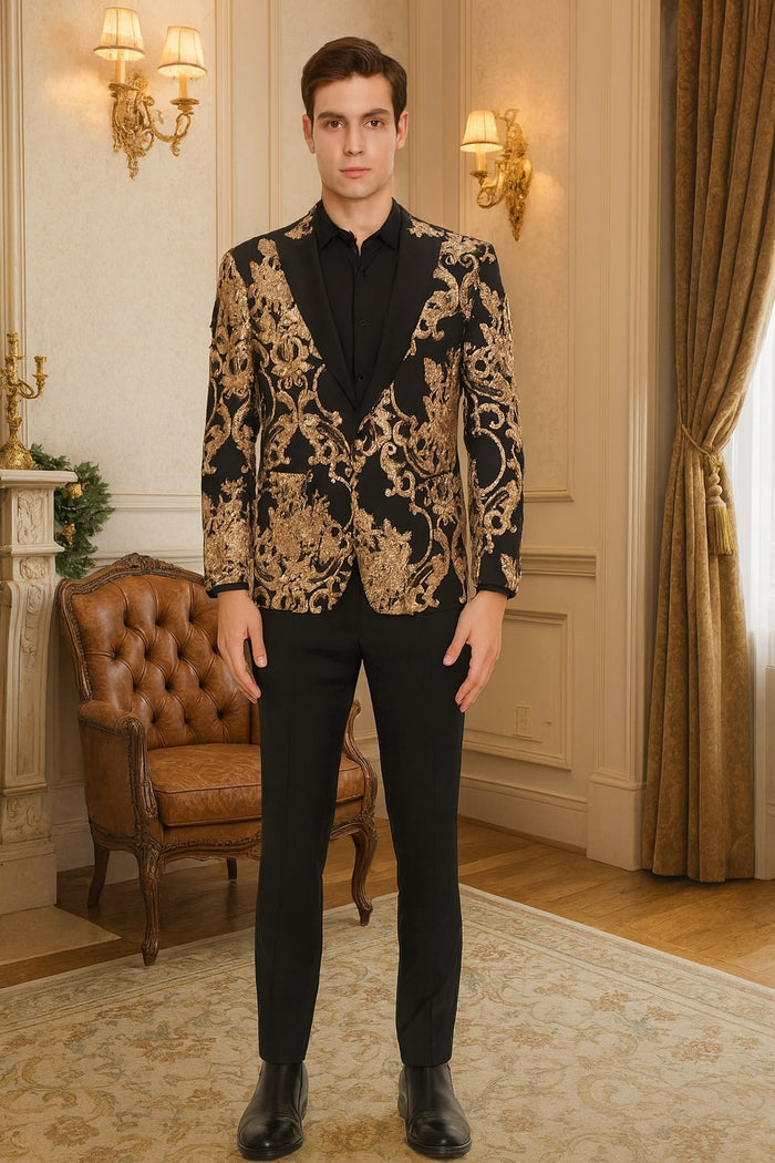 Black blazer with rose gold floral embroidery, shawl collar. Paired with tailored black pants. Structured fit, intricate gold floral design on black.
