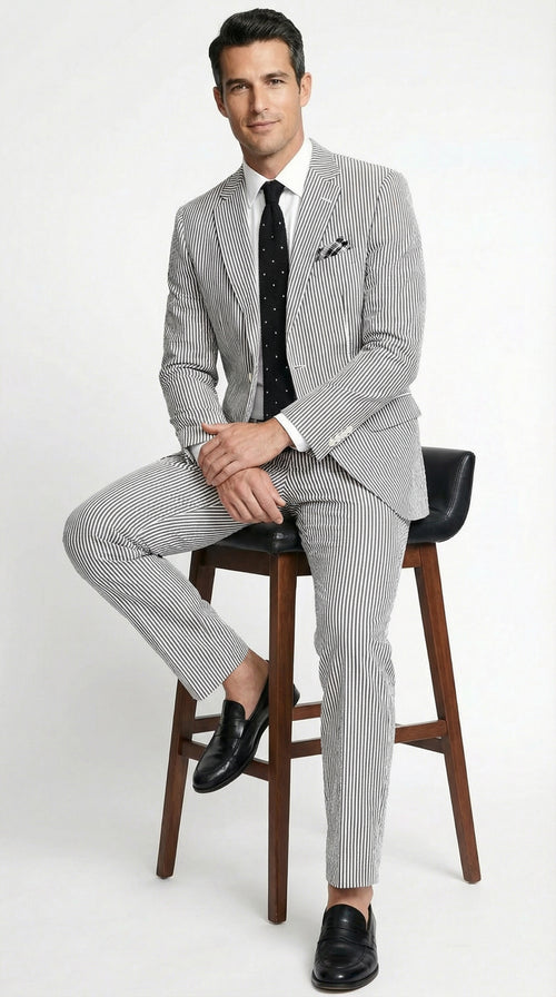 Men’s White and Black Seersucker Suit – Classic Lightweight Striped Summer Suit for Weddings and Formal Events
