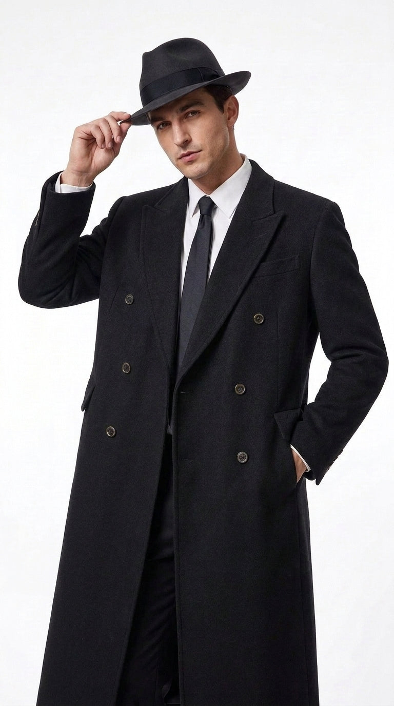 Men’s Godfather Black Double-Breasted Long Overcoat – Vintage Mobster Gangster Coat