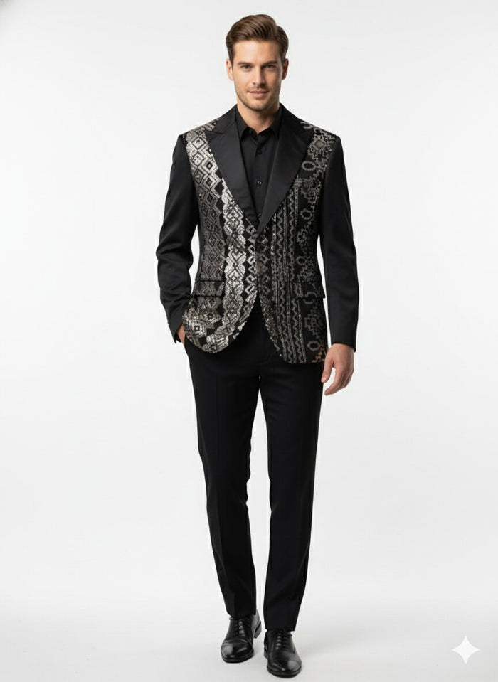 Mens Black and White and Silver Sequin Embroidered Blazer - Luxury Designer Party Wear with Geometric Detailing