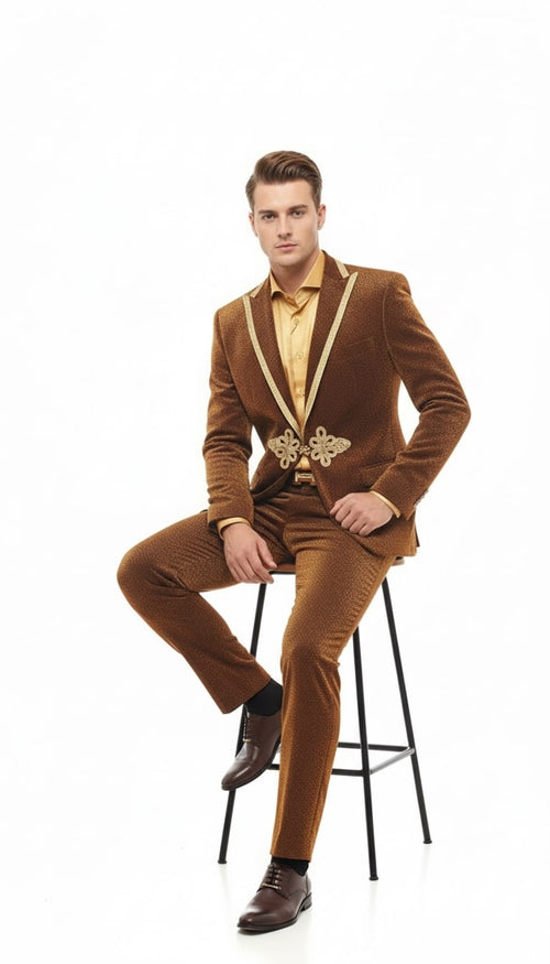Men's bronze velvet suit with fitted blazer and matching pants. Gold trim and embellishments on the blazer. Textured, brown and gold velvet appearance.
