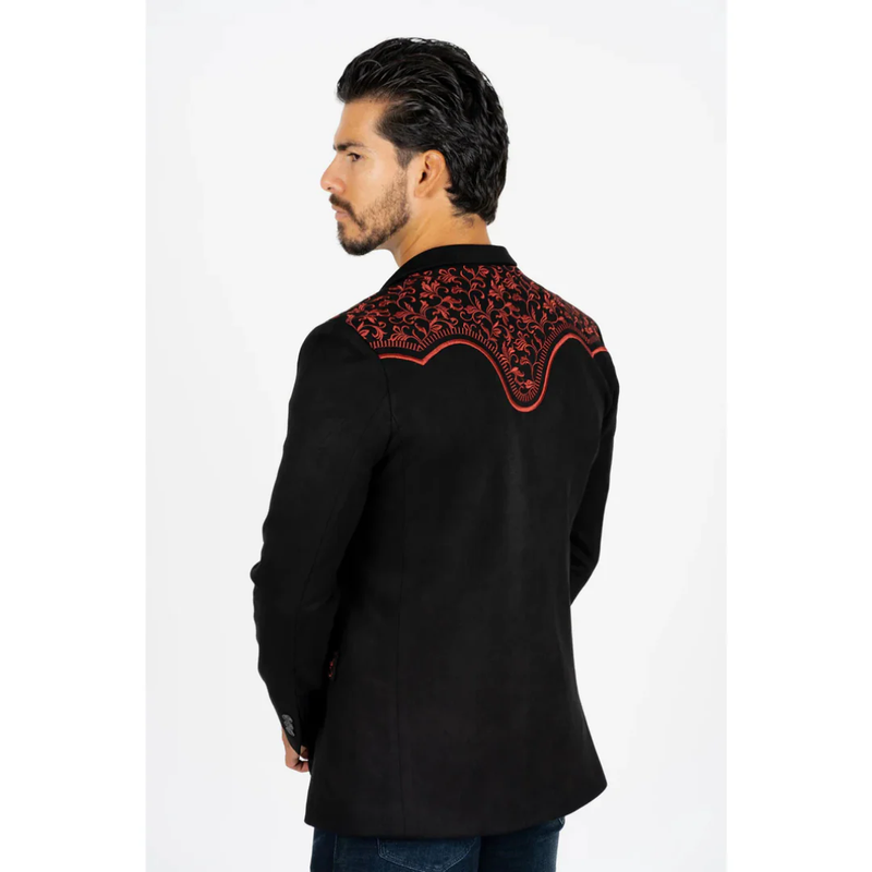 Mens Black ~ Burgundy Embroidered Suede Blazer