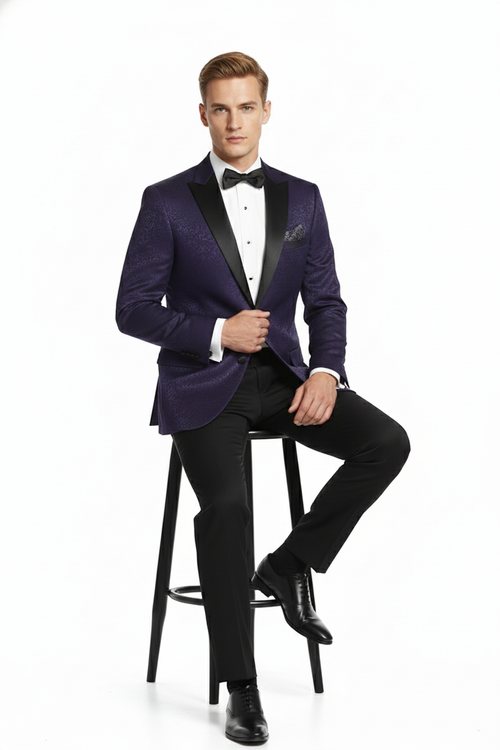 Men’s Purple Paisley Tuxedo Jacket – Ultra Slim Fit Dinner Blazer with Black Satin Peak Lapel