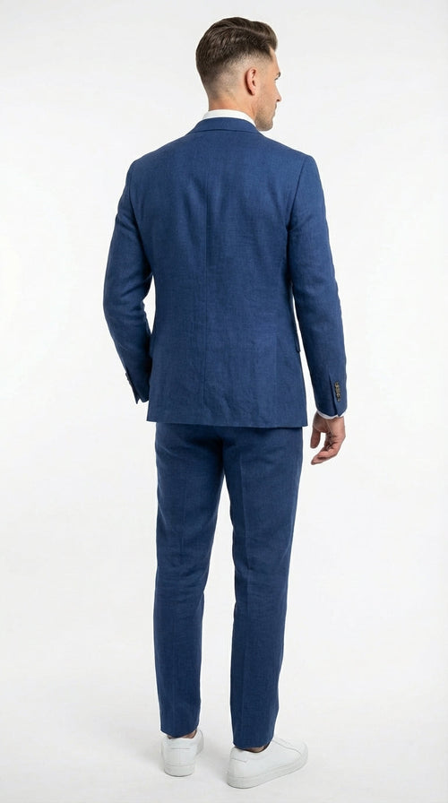 Mens Enzo Tovare Denim Blue Linen Summer Suit – Breathable Two Piece Suit for Wedding, Business, Travel