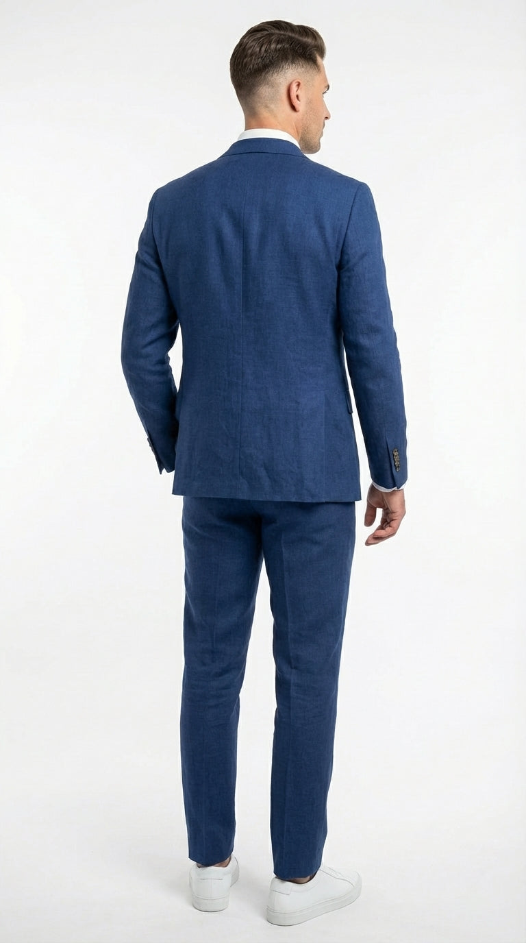 Mens Enzo Tovare Denim Blue Linen Summer Suit – Breathable Two Piece Suit for Wedding, Business, Travel