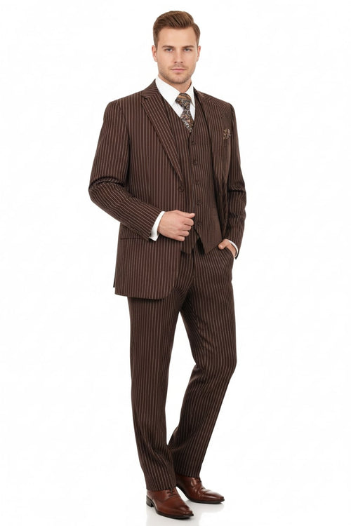 Alberto Nardoni men's 3-piece suit: brown pinstripe. Fitted blazer with notched lapels & single-button closure, matching waistcoat, and straight-leg trousers. Thin white stripes on dark brown. Formal aesthetic.