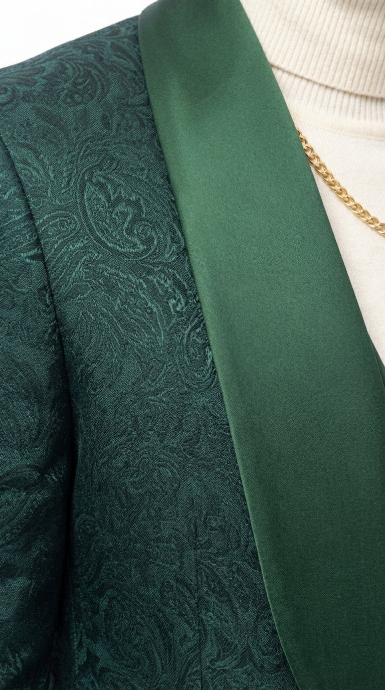 Mens Hunter Green Wedding Tuxedo Suit – Paisley Pattern Three Piece Formal Suit Set with Shawl Lapel for Groom, Prom in Emerald green