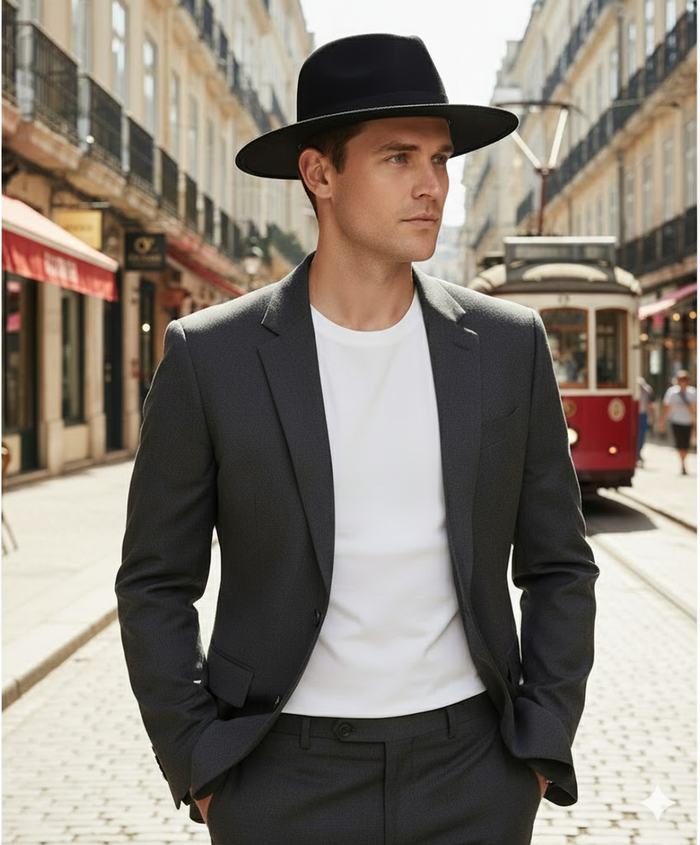Men's black fedora hat. Classic design with a wide, slightly floppy brim. Crafted from wool felt with a matching black band.
