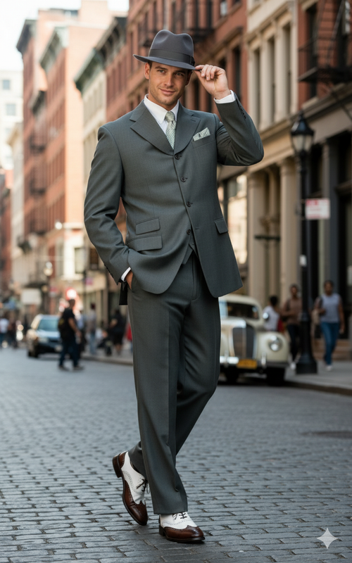 Men’s 1920s Gray Zoot Suit  – 4 Buttons  Gangster Wide Lapel Long Jacket 3-Piece Suit in Grey Color Classic Fit Pleated Pants