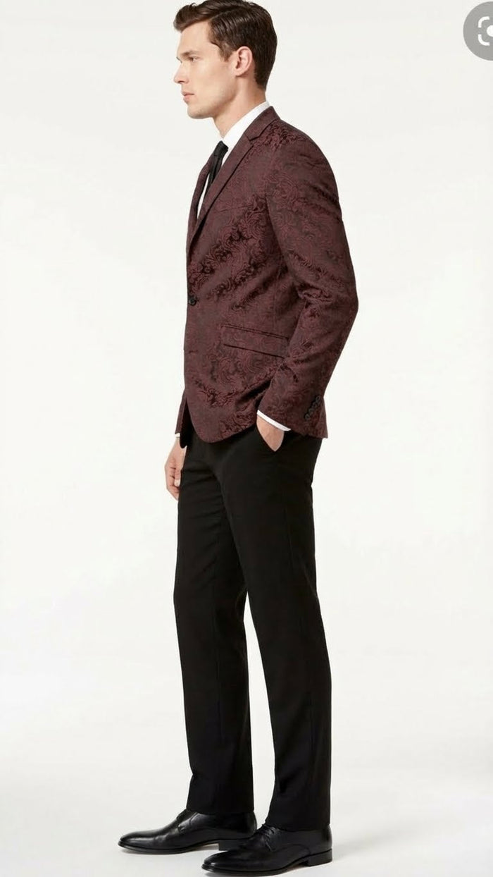 Men's burgundy paisley velvet blazer. Single-breasted design with floral pattern, notched lapels, and front pockets. A classic sport coat.
