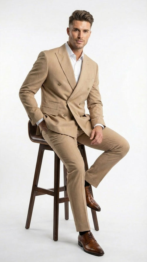 A beige double-breasted suit by Vitali, featuring a fitted jacket with peak lapels, two front pockets, and matching tailored trousers, all in a light fabric.