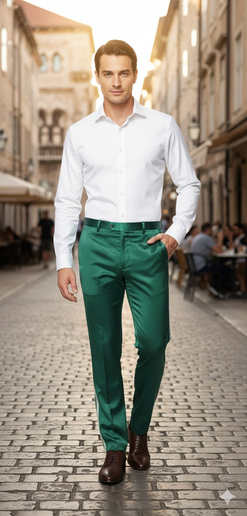 Men's emerald green satin slim-fit dress pants. Smooth, shiny finish, tailored silhouette, button closure, and belt loops for a formal look.
