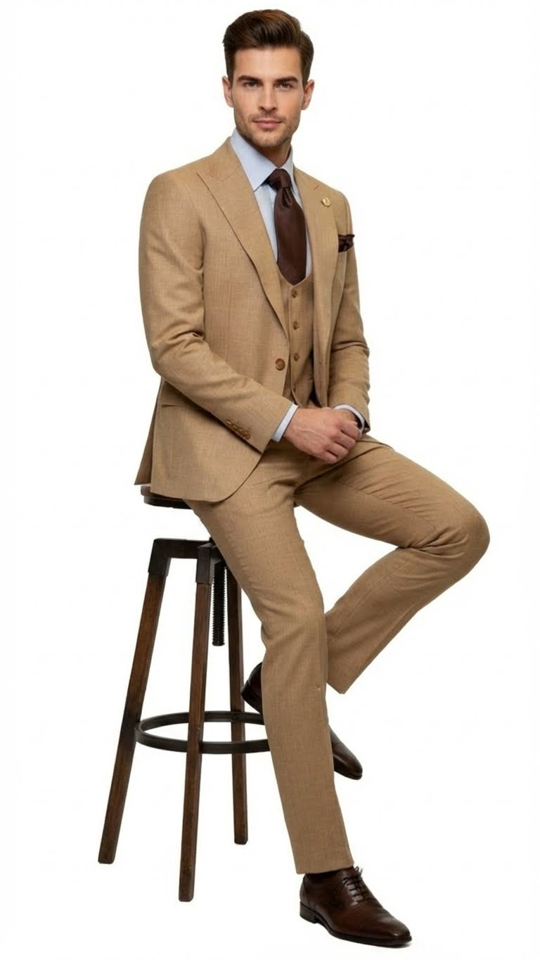 Alberto Nardoni men's tan three-piece suit. Textured fabric, fitted jacket with notched lapels, tailored slim-fit trousers, and a three-button vest in a slightly darker tan. Includes light blue shirt.
