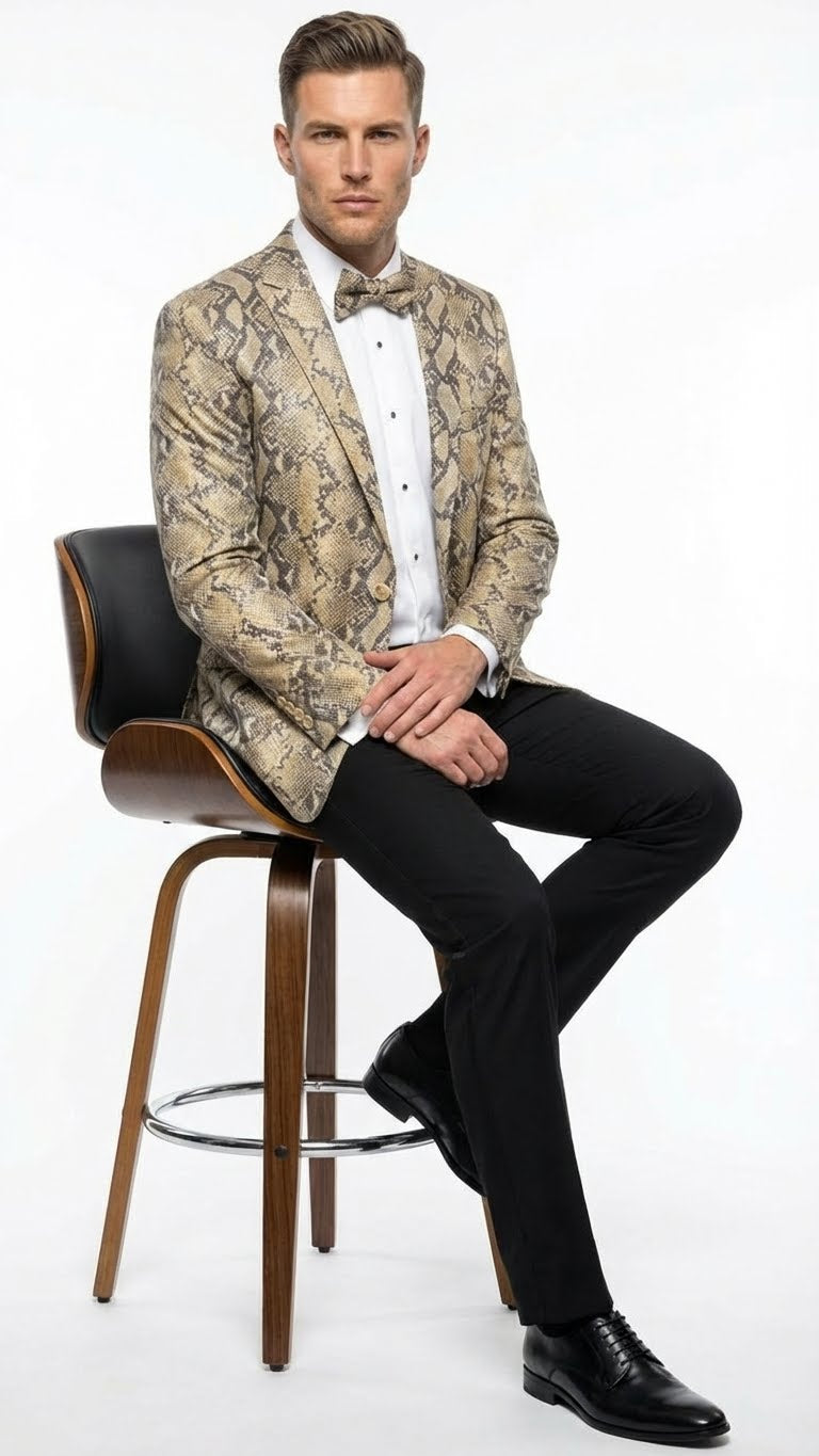 Men's snakeskin print blazer in beige and black. Structured shape with notched lapels, long sleeves, and a tailored fit. Features a contrasting snakeskin pattern, button closure, and worn over a white shirt.
