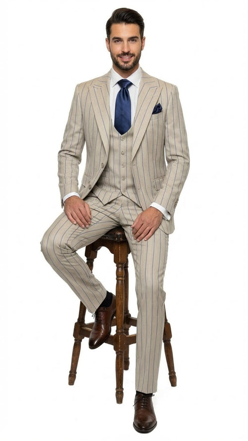 Beige men's three-piece suit with blue pinstripes. Includes a tailored jacket with notched lapels, a buttoned waistcoat, and slim-cut trousers. Lightweight material, ideal for formal occasions.

