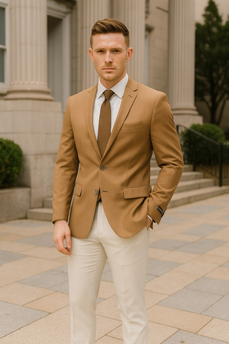 Men's camel brown sport coat. Classic two-button design with a modern blazer fit. Smooth fabric, front pockets, and tailored cut for a stylish look.
