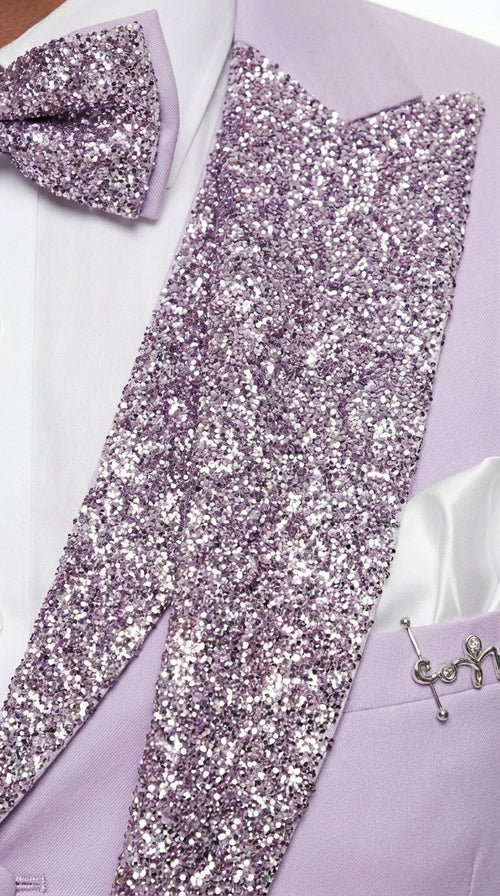 Men’s Lilac Suit with Silver Glitter Sequin Lapel – Lilac and Silver Formal Tuxedo Suit for Prom, Wedding  Lavender Tuxedo