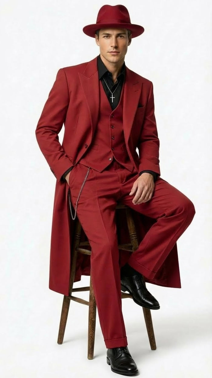Alberto Nardoni men's 1920s red zoot suit: single-breasted jacket, vest, and wide-leg trousers. Knee-length coat, black shirt, red fedora, silver chain, and black dress shoes complete the look.