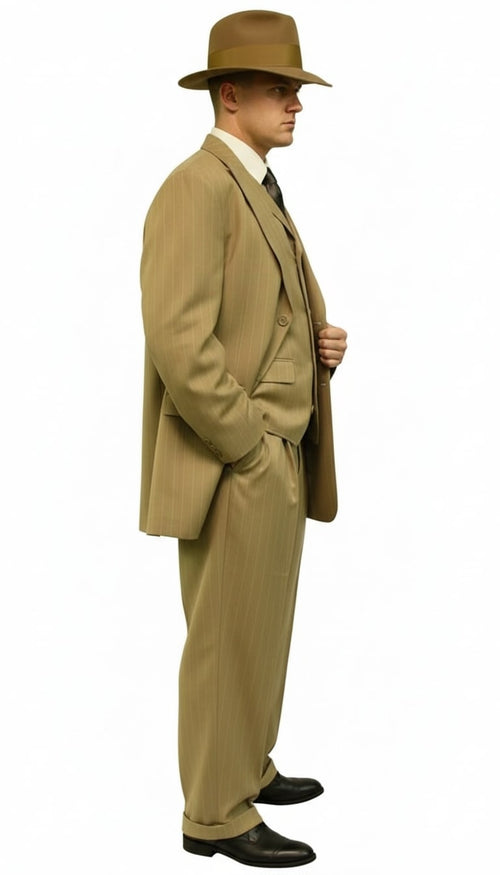 Tan pinstripe zoot suit: wide-leg pants, vest, and double-breasted jacket. Light tan with vertical stripes, vintage 1920s style. Includes matching wide-brim hat. Relaxed fit.